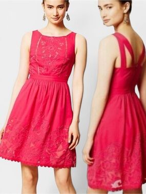 Anthropologie Moulinette Soeurs Rhododendron Dress Pink Embroidered Lace Size 8
